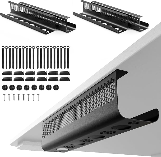 KHAMAL Cable Management Under Desk 52PCS - Cable Management Tray Kit Ventilated Hexagonal Design with Cable Clips, Wire Ties, Cord Holder & Screws for Office, Home - 4 Black Sets | Cable Raceways - TrueDesk