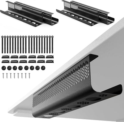 KHAMAL Cable Management Under Desk 52PCS - Cable Management Tray Kit Ventilated Hexagonal Design with Cable Clips, Wire Ties, Cord Holder & Screws for Office, Home - 4 Black Sets | Cable Raceways - TrueDesk