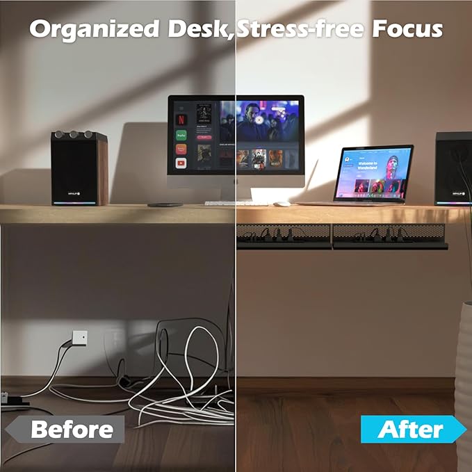 KHAMAL Cable Management Under Desk 52PCS - Cable Management Tray Kit Ventilated Hexagonal Design with Cable Clips, Wire Ties, Cord Holder & Screws for Office, Home - 4 Black Sets | Cable Raceways - TrueDesk