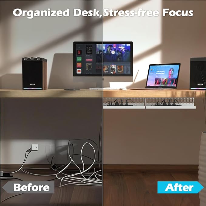 KHAMAL Cable Management Under Desk 52PCS - Cable Management Tray Kit Ventilated Hexagonal Design with Cable Clips, Wire Ties, Cord Holder & Screws for Office, Home - 4 White Sets | Cable Raceways - TrueDesk