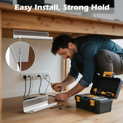 KHAMAL Cable Management Under Desk 52PCS - Cable Management Tray Kit Ventilated Hexagonal Design with Cable Clips, Wire Ties, Cord Holder & Screws for Office, Home - 4 White Sets | Cable Raceways - TrueDesk