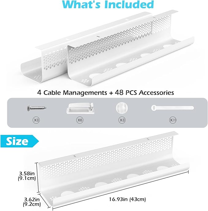 KHAMAL Cable Management Under Desk 52PCS - Cable Management Tray Kit Ventilated Hexagonal Design with Cable Clips, Wire Ties, Cord Holder & Screws for Office, Home - 4 White Sets | Cable Raceways - TrueDesk