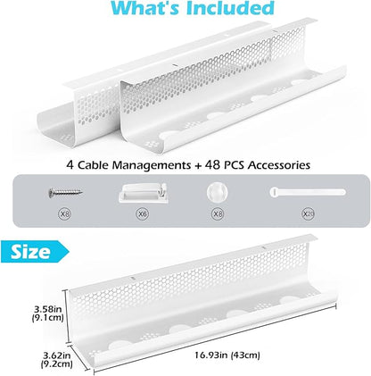KHAMAL Cable Management Under Desk 52PCS - Cable Management Tray Kit Ventilated Hexagonal Design with Cable Clips, Wire Ties, Cord Holder & Screws for Office, Home - 4 White Sets | Cable Raceways - TrueDesk