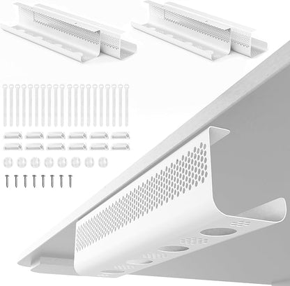 KHAMAL Cable Management Under Desk 52PCS - Cable Management Tray Kit Ventilated Hexagonal Design with Cable Clips, Wire Ties, Cord Holder & Screws for Office, Home - 4 White Sets | Cable Raceways - TrueDesk