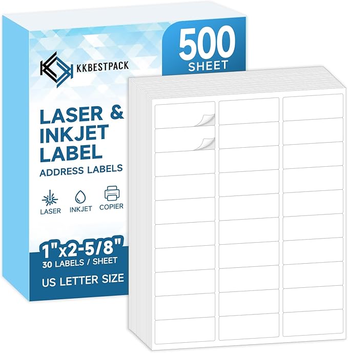KKBESTPACK 30 Up Shipping Address Labels – 1” x 2 - 5/8” Self - Adhesive Barcode FNSKU Stickers for Inkjet and Laser Printer (500 Sheets / 15000 Labels) | Laser Inkjet Printer Labels - TrueDesk