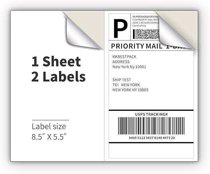 KKBESTPACK Half Sheet Shipping Labels for Laser and Inkjet Printers – 2 Per Page Self Adhesive Mailing Labels for Packages – White 8.5 x 5.5 Postage Labels for Shipping Boxes (1000 Labels) (KK2LP) | Laser Inkjet Printer Labels - TrueDesk