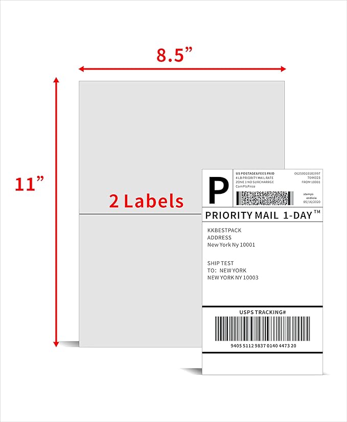 KKBESTPACK Half Sheet Shipping Labels for Laser and Inkjet Printers – 2 Per Page Self Adhesive Mailing Labels – White 8.5 x 5.5 (200 Labels) (2LP) | Laser Inkjet Printer Labels - TrueDesk