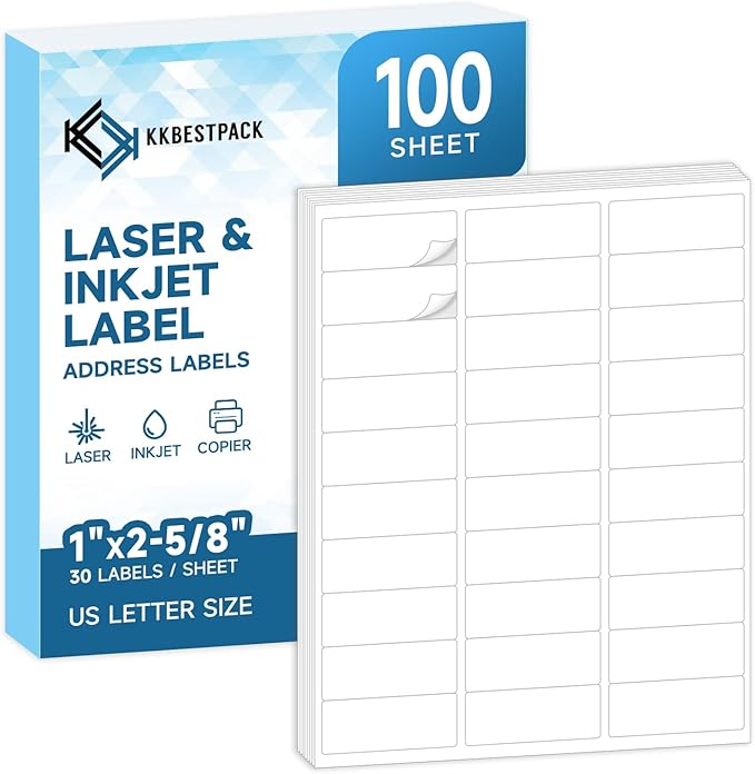 KKBESTPACK Label Sticker, Address Labels – 30 Up Shipping Labels 1” x 2 - 5/8” Self - Adhesive Barcode FNSKU Stickers for Inkjet and Laser Printer (100 Sheets / 3000 Labels) (KK30) | Laser Inkjet Printer Labels - TrueDesk