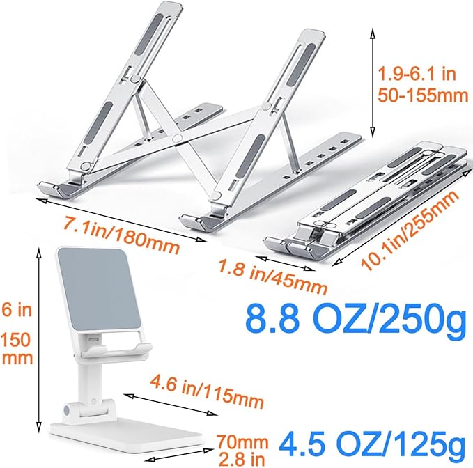 KLAQQED Portable Aluminum Laptop & Phone Stand, Adjustable, Foldable, Ergonomic, for MacBook, iPad, Tablets & Smartphones, Office Desk Accessories | Stands - TrueDesk