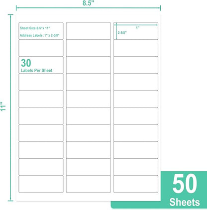 L LIKED Printable Address Labels, 1" x 2 - 5/8", 1,500 Labels, 30 per Sheet, Mailing Labels for Envelopes (50 Sheets) | Laser Inkjet Printer Labels - TrueDesk