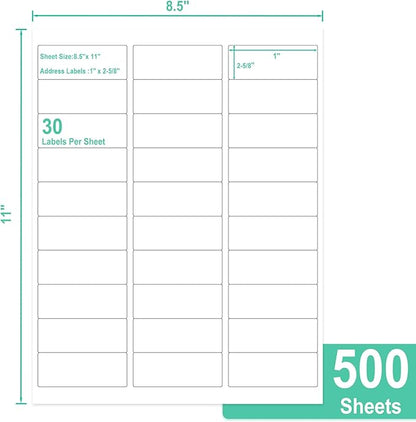 L LIKED Printable Address Labels, 1" x 2 - 5/8", 15000 Labels, 30 per Sheet, Blank Mailing Labels for Envelopes (500 Sheets) | Laser Inkjet Printer Labels - TrueDesk