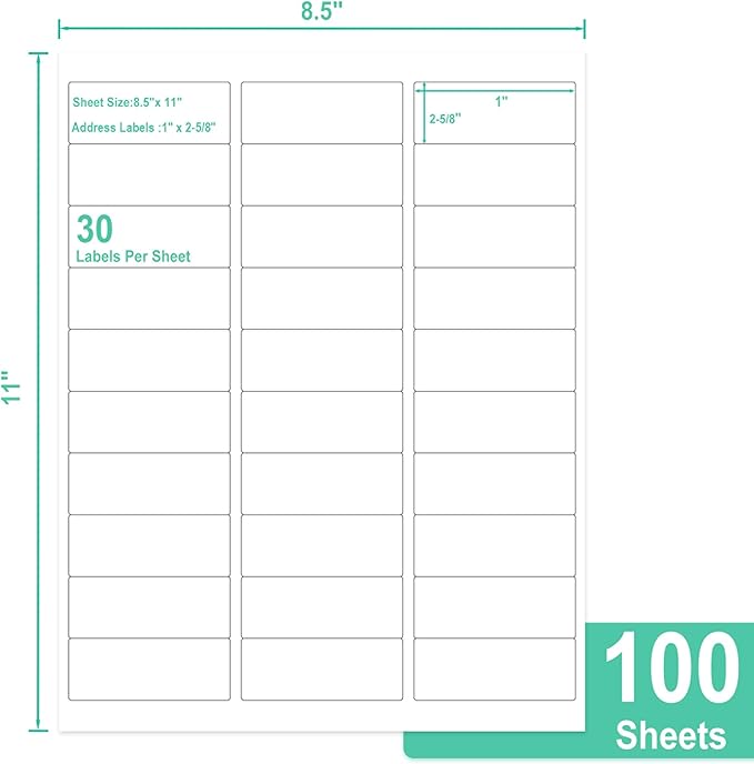 L LIKED Printable Address Labels, 1" x 2 - 5/8", 3,000 Stickers, 30 per Sheet, Mailing Labels for Envelopes (100 Sheets) | Laser Inkjet Printer Labels - TrueDesk