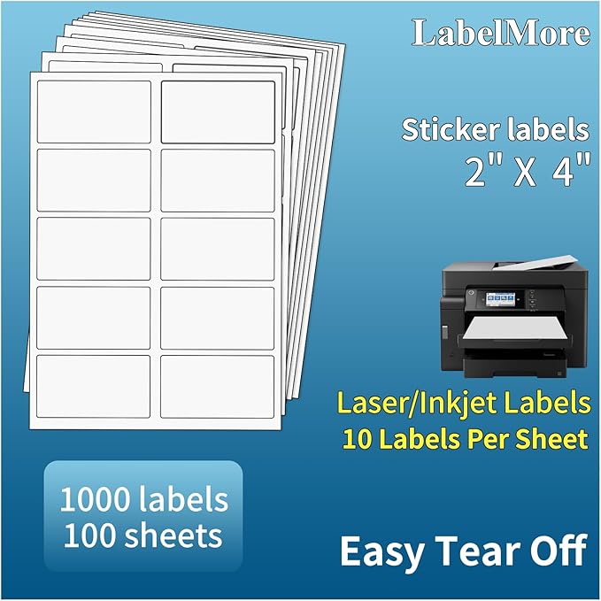 LabelMore 1000 2" x 4" Shipping Address Labels, Inkjet & Laser Compatible, Permanent Adhesive, 100 Sheets (10 Labels Each) | Laser Inkjet Printer Labels - TrueDesk