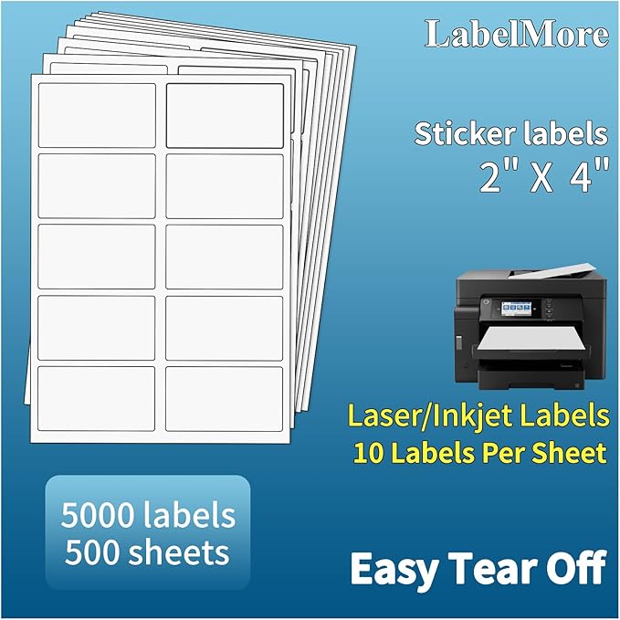 LabelMore 2 x 4 Shipping Labels for Laser or Inkjet Printable, 5000 Labels - 500 Sheets | Laser Inkjet Printer Labels - TrueDesk