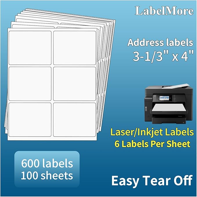 LabelMore 3 1/3 x 4 Labels - 6 Up Self Adhesive Shipping Labels - FBA Labels - 100 Sheet/ 600 Labels | Laser Inkjet Printer Labels - TrueDesk