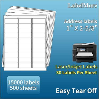 LabelMore Mailing Address Labels, 1" x 2 - 5/8", 30 up Labels for Laser or Inkjet Printable, 30 - Up FBA Labels, 15000 Labels - 500 Sheets | Laser Inkjet Printer Labels - TrueDesk