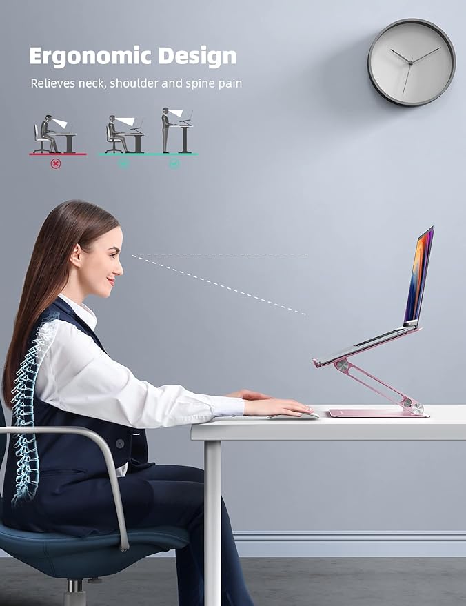 Lamicall Adjustable Laptop Stand, Portable Laptop Riser, Aluminum Laptop Stand for Desk Foldable, Ergonomic Computer Notebook Stand Holder for MacBook Air Pro, Dell XPS, HP (10 - 17.3'') - Pink | Stands - TrueDesk