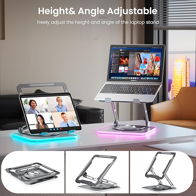 Laptop Stand for Desk, Adjustable Computer Stand with 360° Rotating Base, Ergonomic Laptop Riser for Collaborative Work, Foldable & Portable Laptop Stand, fits for All 10 - 16" Laptops (RGB - Gray) | Stands - TrueDesk