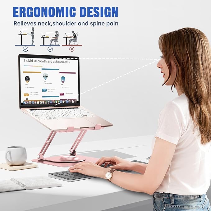 Laptop Stand for Desk, Adjustable Computer Stand with 360° Rotating Base, Ergonomic Laptop Riser for Collaborative Work, Foldable & Portable Laptop Stand, fits for All 10 - 16" Laptops (Rose Gold) | Stands - TrueDesk