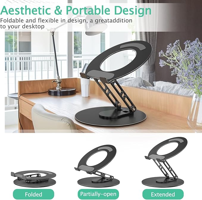 Laptop Stand for Desk Adjustable Computer Stand with 360 Rotating Base Ergonomic Laptop Riser Mount for Desk Foldable Protable Computer Desk Fits with MacBook Pro Air, Round Black | Stands - TrueDesk