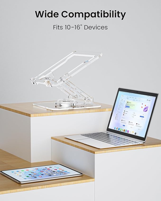 Laptop Stand for Desk - Adjustable, Foldable Clear Acrylic Riser with 360° Rotating Base, Ergonomic Laptop Holder for MacBook Pro/Air & 10 - 16” Notebooks | Stands - TrueDesk