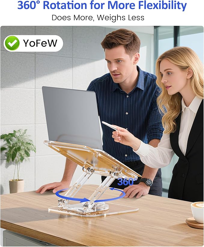 Laptop Stand for Desk - Adjustable, Foldable Clear Acrylic Riser with 360° Rotating Base, Ergonomic Laptop Holder for MacBook Pro/Air & 10 - 16” Notebooks | Stands - TrueDesk