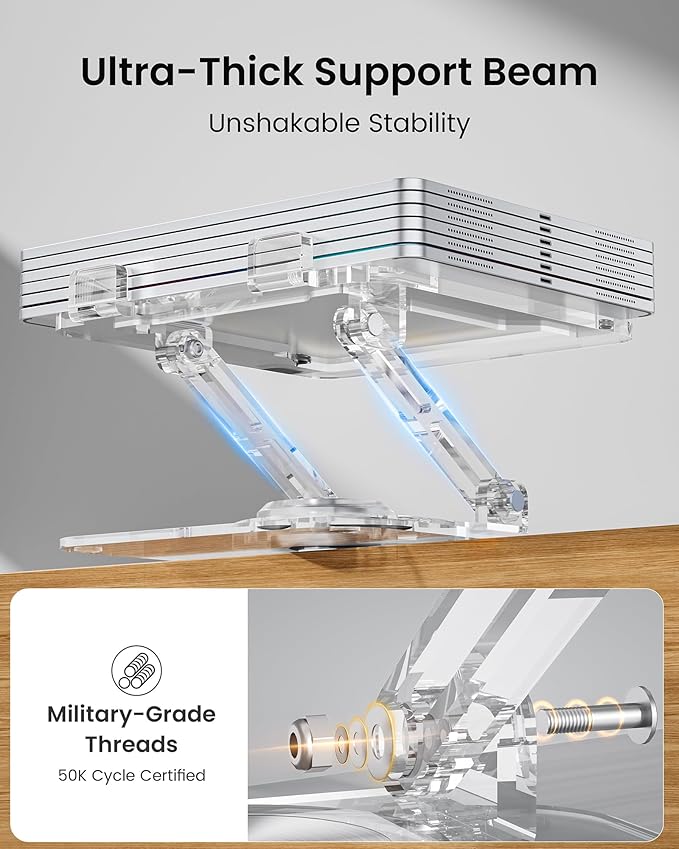 Laptop Stand for Desk - Adjustable, Foldable Clear Acrylic Riser with 360° Rotating Base, Ergonomic Laptop Holder for MacBook Pro/Air & 10 - 16” Notebooks | Stands - TrueDesk