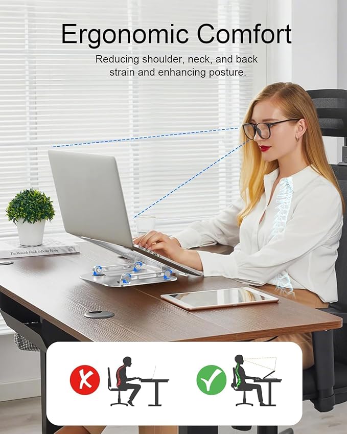Laptop Stand for Desk, Adjustable Metal Foldable Laptop Riser Holder, Aluminum Desktop Book Stands, Ventilated Cooling Computer Notebook Stand with 10 - 17" (Silver) | Stands - TrueDesk