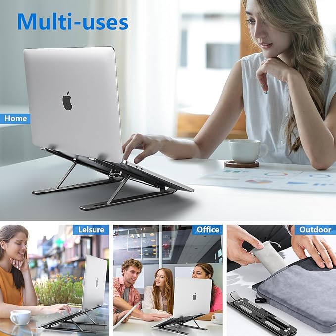 Laptop Stand for Desk, Aluminum Metal MacBook Stand, Computer Riser for Desk, Portable Foldable Adjustable Notebook Holder, Compatible with 10 - 15.6 Inch Laptops, iPad, Black. | Stands - TrueDesk