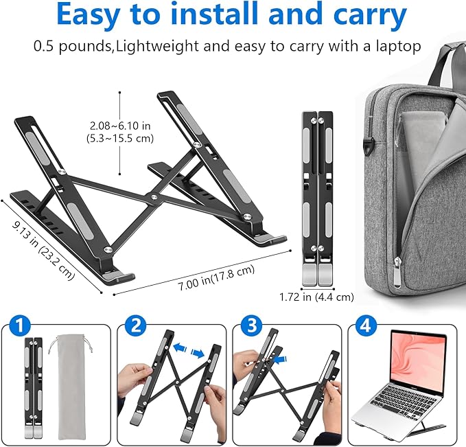 Laptop Stand for Desk, Aluminum Metal MacBook Stand, Computer Riser for Desk, Portable Foldable Adjustable Notebook Holder, Compatible with 10 - 15.6 Inch Laptops, iPad, Black. | Stands - TrueDesk