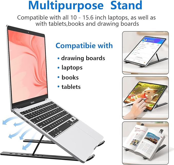Laptop Stand for Desk, Aluminum Metal MacBook Stand, Computer Riser for Desk, Portable Foldable Adjustable Notebook Holder, Compatible with 10 - 15.6 Inch Laptops, iPad, Black. | Stands - TrueDesk