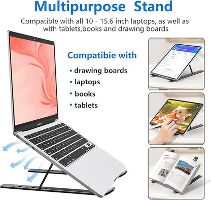 Laptop Stand for Desk, Aluminum Metal MacBook Stand, Computer Riser for Desk, Portable Foldable Adjustable Notebook Holder, Compatible with 10 - 15.6 Inch Laptops, iPad, Black. | Stands - TrueDesk