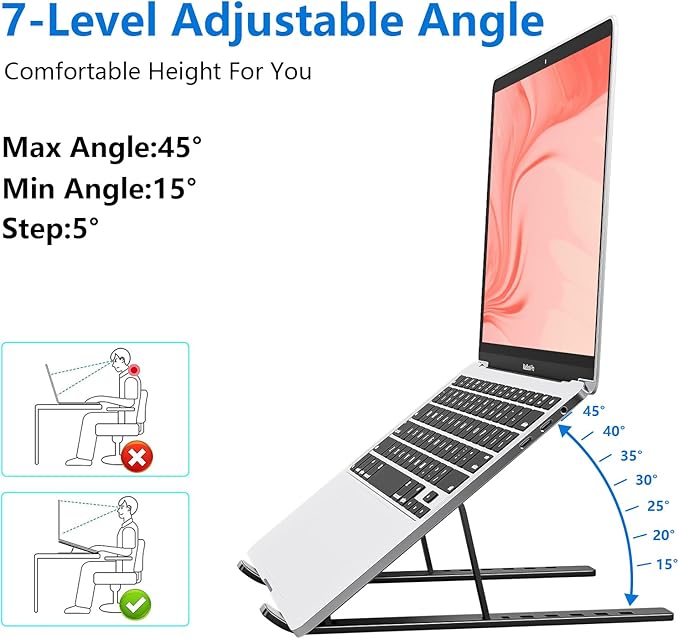 Laptop Stand for Desk, Aluminum Metal MacBook Stand, Computer Riser for Desk, Portable Foldable Adjustable Notebook Holder, Compatible with 10 - 15.6 Inch Laptops, iPad, Black. | Stands - TrueDesk