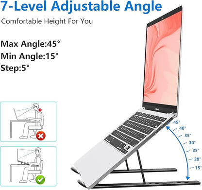 Laptop Stand for Desk, Aluminum Metal MacBook Stand, Computer Riser for Desk, Portable Foldable Adjustable Notebook Holder, Compatible with 10 - 15.6 Inch Laptops, iPad, Black. | Stands - TrueDesk