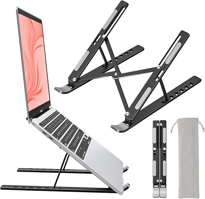 Laptop Stand for Desk, Aluminum Metal MacBook Stand, Computer Riser for Desk, Portable Foldable Adjustable Notebook Holder, Compatible with 10 - 15.6 Inch Laptops, iPad, Black. | Stands - TrueDesk