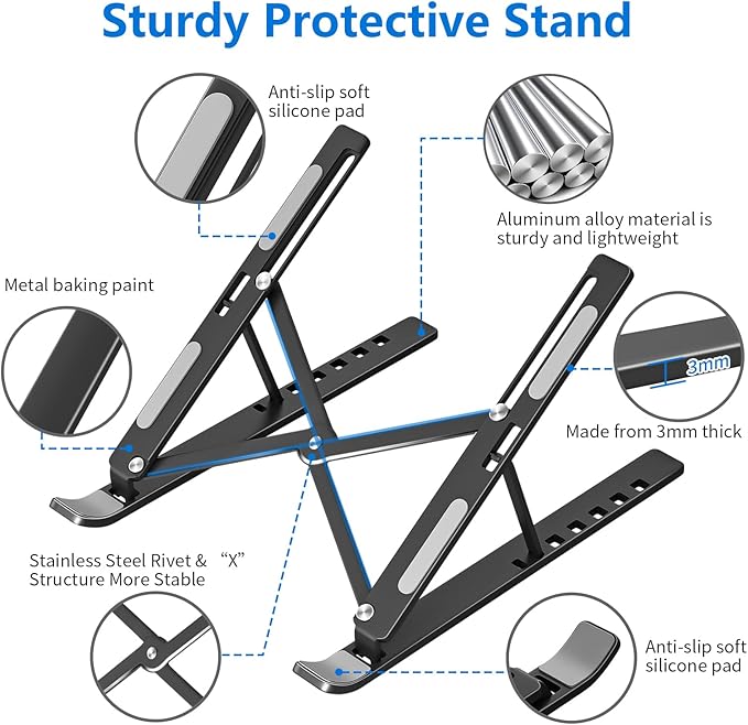 Laptop Stand for Desk, Aluminum Metal MacBook Stand, Computer Riser for Desk, Portable Foldable Adjustable Notebook Holder, Compatible with 10 - 15.6 Inch Laptops, iPad, Black. | Stands - TrueDesk