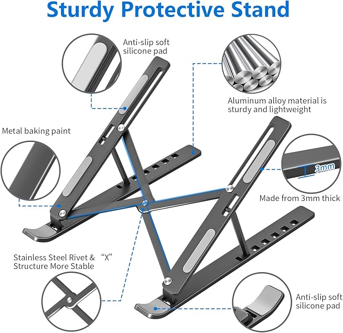 Laptop Stand for Desk, Aluminum Metal MacBook Stand，Computer Riser for Desk, Portable Foldable Adjustable Notebook Holder, Compatible with 10 - 15.6 Inch Laptops, iPad, Space Gray. | Stands - TrueDesk