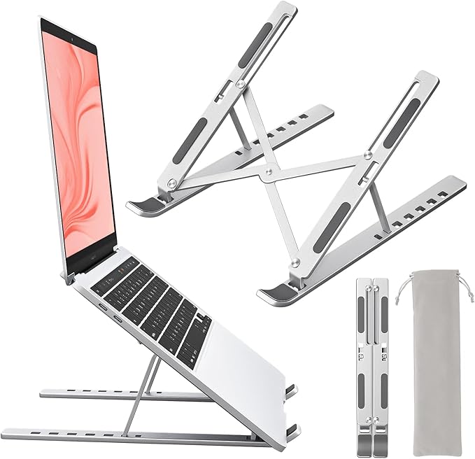 Laptop Stand for Desk, Aluminum Metal MacBook Stand，Computer Riser for Desk, Portable Foldable Adjustable Notebook Holder, Compatible with 10 - 15.6 Inch Laptops, iPad, Silver. | Stands - TrueDesk