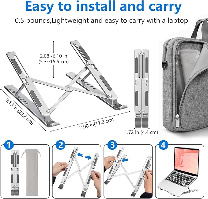 Laptop Stand for Desk, Aluminum Metal MacBook Stand，Computer Riser for Desk, Portable Foldable Adjustable Notebook Holder, Compatible with 10 - 15.6 Inch Laptops, iPad, Silver. | Stands - TrueDesk