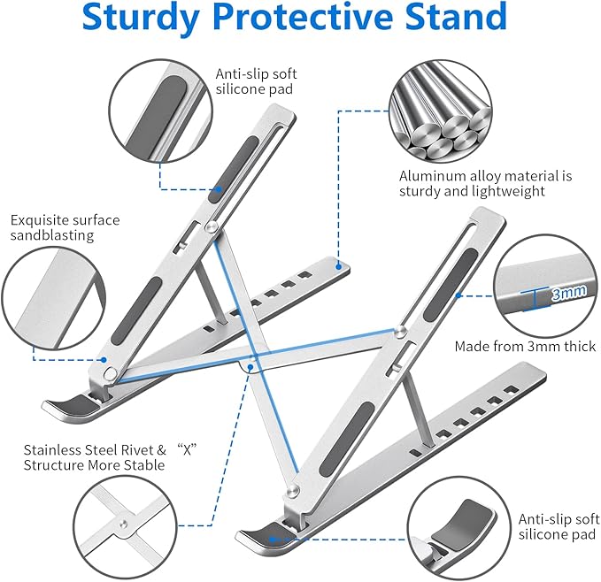 Laptop Stand for Desk, Aluminum Metal MacBook Stand，Computer Riser for Desk, Portable Foldable Adjustable Notebook Holder, Compatible with 10 - 15.6 Inch Laptops, iPad, Silver. | Stands - TrueDesk