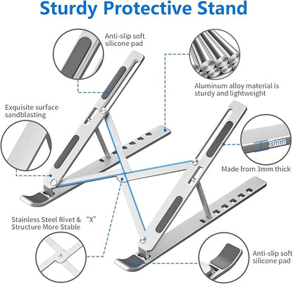 Laptop Stand for Desk, Aluminum Metal MacBook Stand，Computer Riser for Desk, Portable Foldable Adjustable Notebook Holder, Compatible with 10 - 15.6 Inch Laptops, iPad, Silver. | Stands - TrueDesk