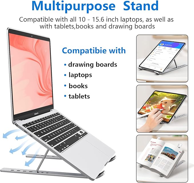 Laptop Stand for Desk, Aluminum Metal MacBook Stand，Computer Riser for Desk, Portable Foldable Adjustable Notebook Holder, Compatible with 10 - 15.6 Inch Laptops, iPad, Silver. | Stands - TrueDesk