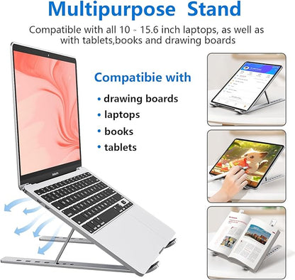 Laptop Stand for Desk, Aluminum Metal MacBook Stand，Computer Riser for Desk, Portable Foldable Adjustable Notebook Holder, Compatible with 10 - 15.6 Inch Laptops, iPad, Silver. | Stands - TrueDesk