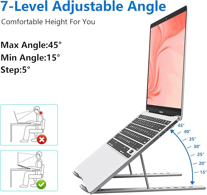 Laptop Stand for Desk, Aluminum Metal MacBook Stand，Computer Riser for Desk, Portable Foldable Adjustable Notebook Holder, Compatible with 10 - 15.6 Inch Laptops, iPad, Silver. | Stands - TrueDesk