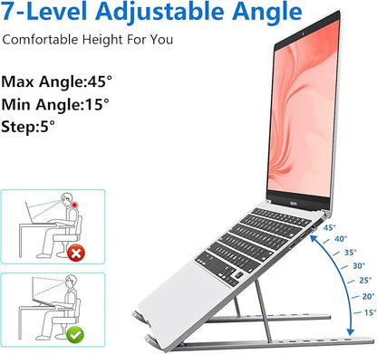 Laptop Stand for Desk, Aluminum Metal MacBook Stand，Computer Riser for Desk, Portable Foldable Adjustable Notebook Holder, Compatible with 10 - 15.6 Inch Laptops, iPad, Silver. | Stands - TrueDesk