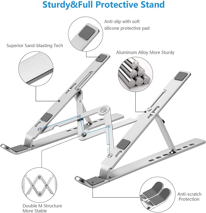 Laptop Stand for Desk, Ergonomic Design Adjustable Aluminum Foldable Portable Computer Stand, Compatible with MacBook Air Pro, HP, Lenovo, Dell, More 10 - 15.6”Inch and Tablets (Silver) | Stands - TrueDesk