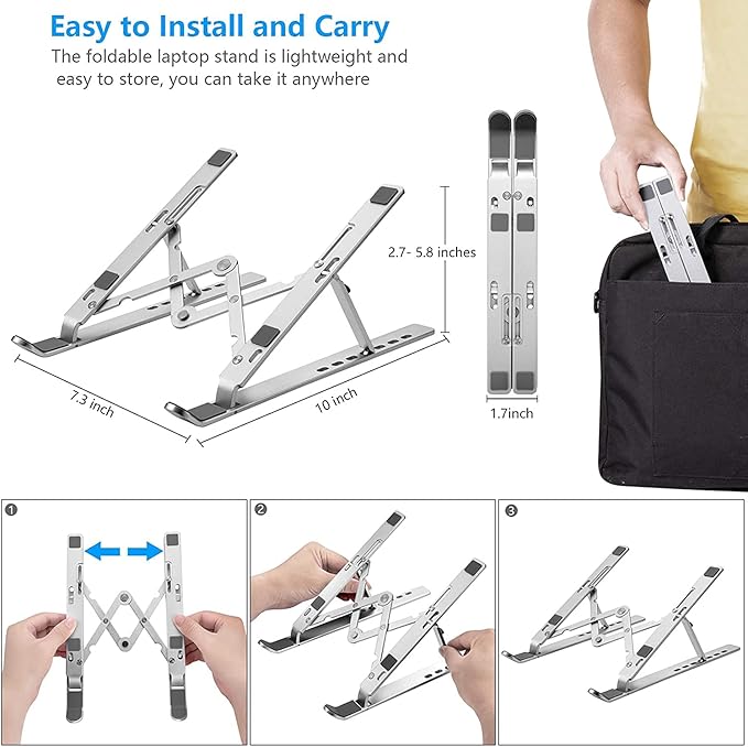 Laptop Stand for Desk, Ergonomic Design Adjustable Aluminum Foldable Portable Computer Stand, Compatible with MacBook Air Pro, HP, Lenovo, Dell, More 10 - 15.6”Inch and Tablets (Silver) | Stands - TrueDesk