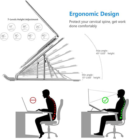 Laptop Stand for Desk, Ergonomic Design Adjustable Aluminum Foldable Portable Computer Stand, Compatible with MacBook Air Pro, HP, Lenovo, Dell, More 10 - 15.6”Inch and Tablets (Silver) | Stands - TrueDesk