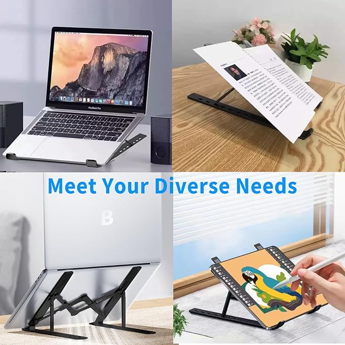 Laptop Stand for Desk, Ergonomic Design Adjustable Aluminum Foldable Portable Computer Stand, Compatible with MacBook Air Pro, HP, Lenovo, Dell, More 10 - 15.6”Inch and Tablets (Black) | Stands - TrueDesk