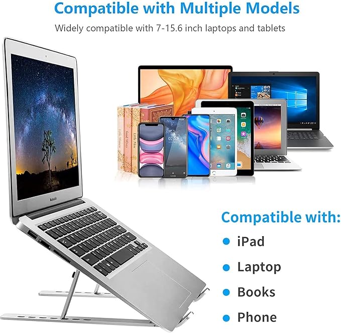 Laptop Stand for Desk, Ergonomic Design Adjustable Aluminum Foldable Portable Computer Stand, Compatible with MacBook Air Pro, HP, Lenovo, Dell, More 10 - 15.6”Inch and Tablets (Silver) | Stands - TrueDesk
